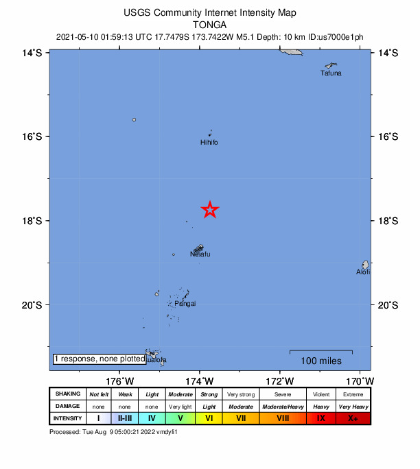 USGS DYFI community-reported intensity map for the M5.1 earthquake near 103 km NNE of Neiafu, Tonga