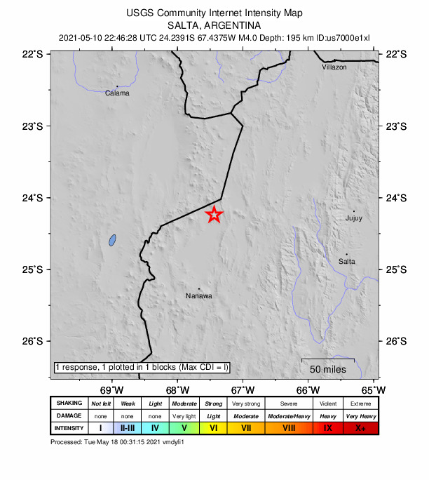 USGS DYFI community-reported intensity map for the M4.0 earthquake near 113 km W of San Antonio de los Cobres, Argentina