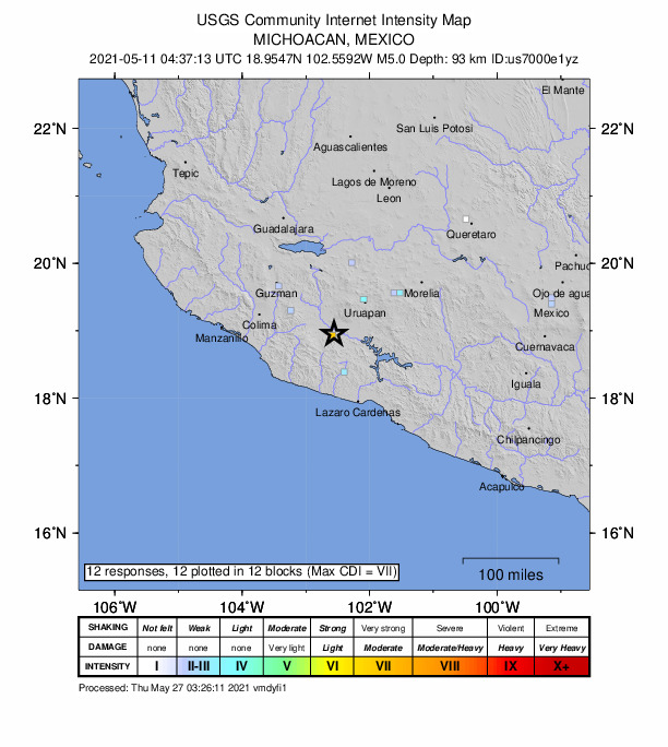 USGS DYFI community-reported intensity map for the M5.0 earthquake near 8 km ENE of Aguililla, Mexico