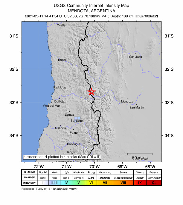 USGS DYFI community-reported intensity map for the M4.5 earthquake near 48 km ENE of Los Andes, Chile