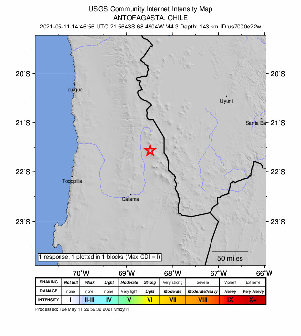 USGS DYFI community-reported intensity map for the M4.3 earthquake near 108 km NNE of Calama, Chile
