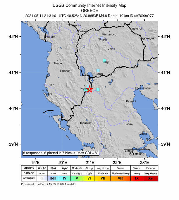 USGS DYFI community-reported intensity map for the M4.8 earthquake near 11 km S of Bilisht, Albania