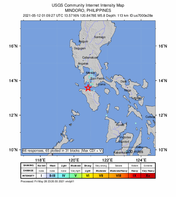 USGS DYFI community-reported intensity map for the M5.8 earthquake near 10 km SSW of Tingloy, Philippines