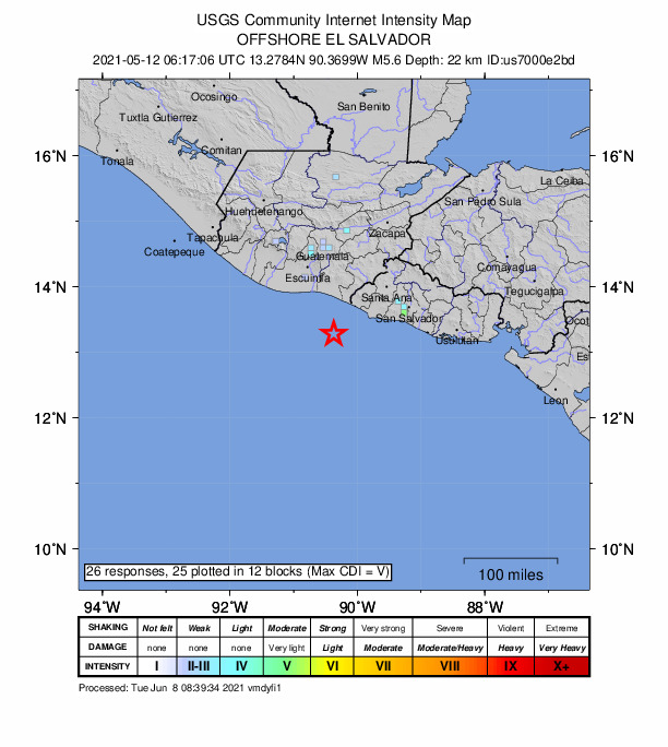 USGS DYFI community-reported intensity map for the M5.6 earthquake near 69 km WSW of Acajutla, El Salvador