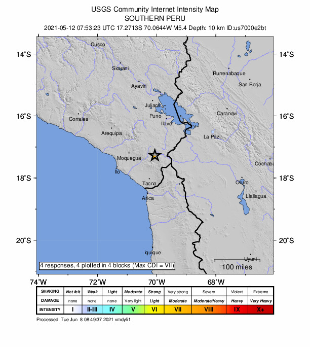 USGS DYFI community-reported intensity map for the M5.4 earthquake near 2 km NW of Chuquitira, Peru