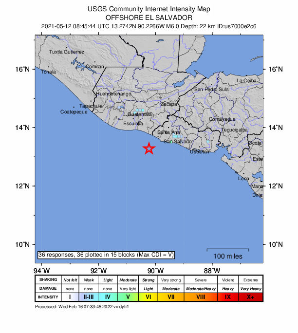 USGS DYFI community-reported intensity map for the M6.0 earthquake near 55 km SW of Acajutla, El Salvador