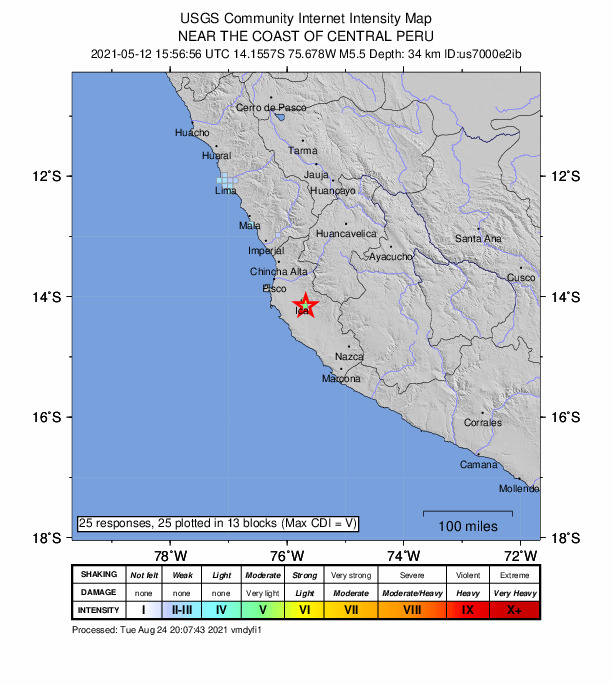 USGS DYFI community-reported intensity map for the M5.5 earthquake near 1 km SE of Pampa de Tate, Peru