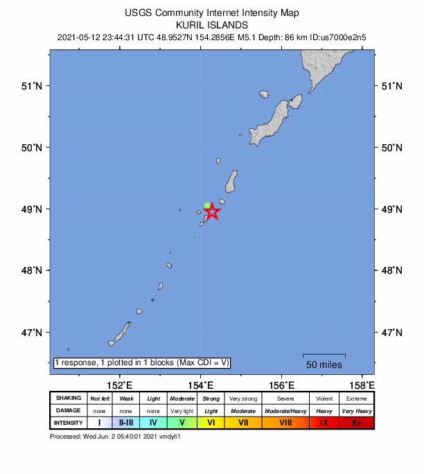 USGS DYFI community-reported intensity map for the M5.1 earthquake near 232 km SW of Severo-Kuril’sk, Russia
