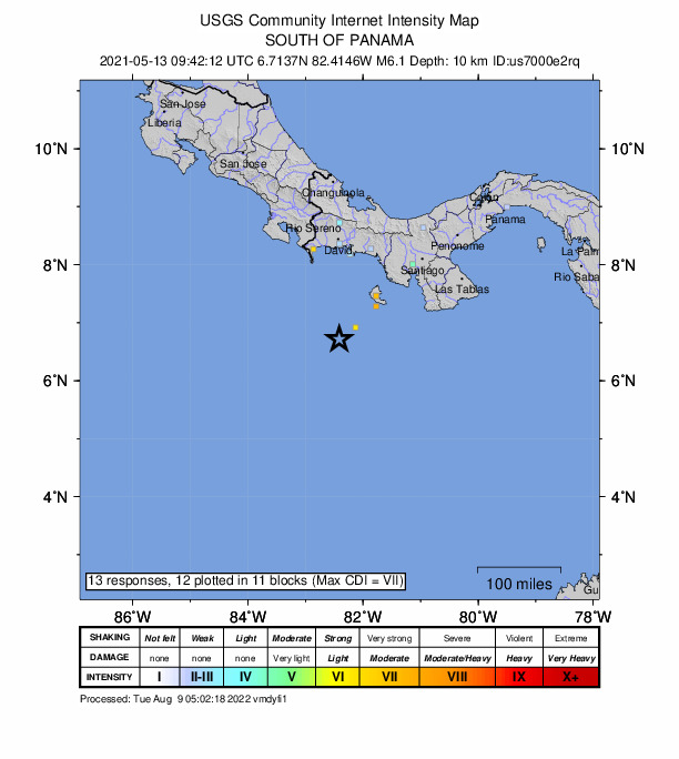 USGS DYFI community-reported intensity map for the M6.1 earthquake near 154 km SSE of Punta de Burica, Panama