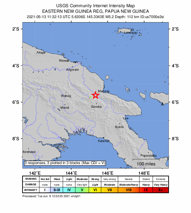 USGS DYFI community-reported intensity map for the M5.1 earthquake near 51 km N of Goroka, Papua New Guinea