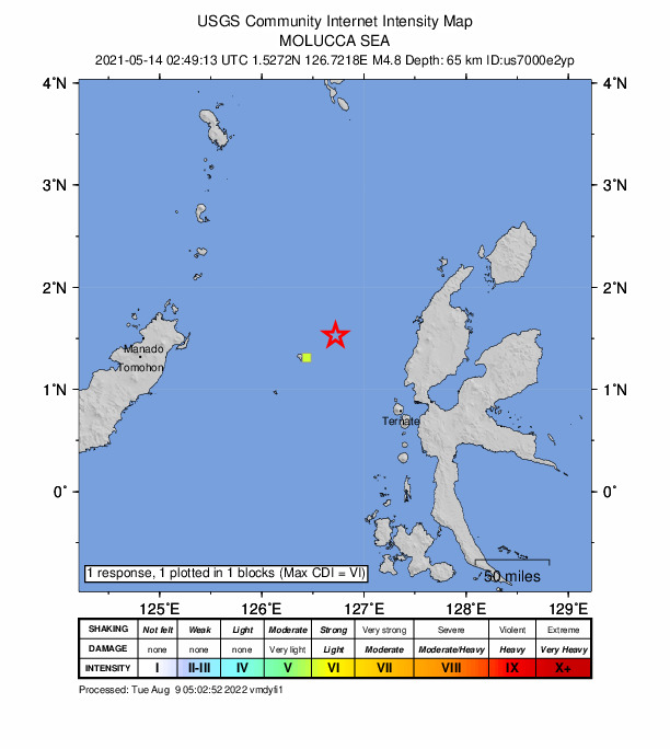 USGS DYFI community-reported intensity map for the M4.8 earthquake near 109 km NW of Ternate, Indonesia