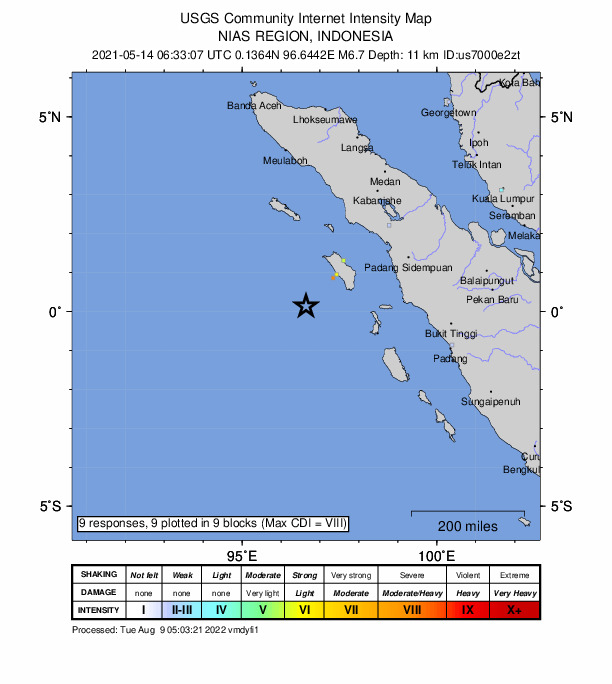 USGS DYFI community-reported intensity map for the M6.7 earthquake near 260 km S of Sinabang, Indonesia