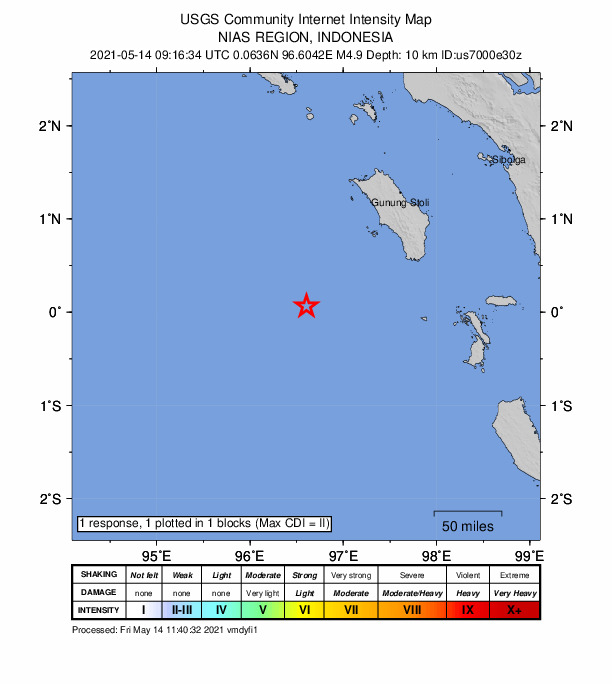 USGS DYFI community-reported intensity map for the M4.9 earthquake near 274 km S of Sinabang, Indonesia