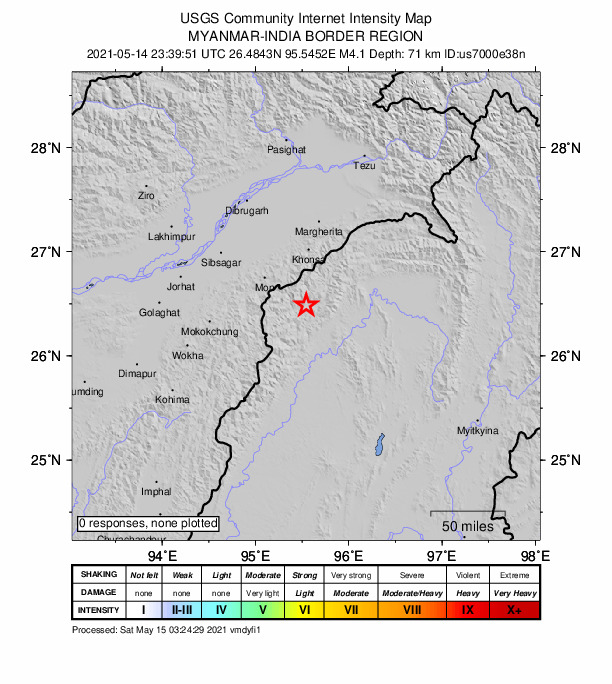 USGS DYFI community-reported intensity map for the M4.2 earthquake near 56 km SE of Mon, India