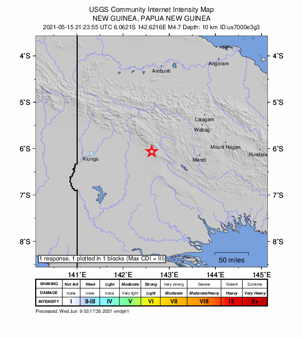 USGS DYFI community-reported intensity map for the M4.7 earthquake near 43 km WSW of Tari, Papua New Guinea