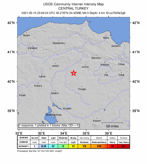 USGS DYFI community-reported intensity map for the M4.0 earthquake near 13 km NNE of Sungurlu, Turkey