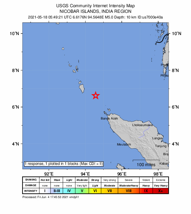 USGS DYFI community-reported intensity map for the M5.0 earthquake near 115 km NW of Sabang, Indonesia