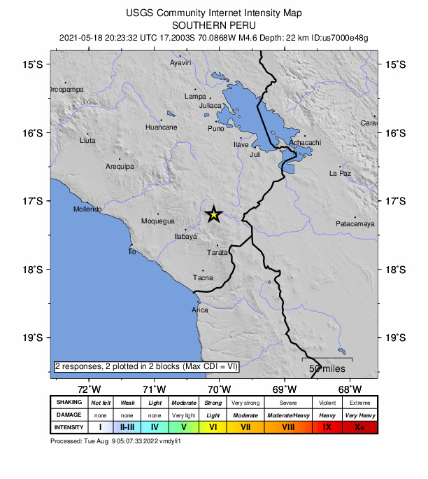 USGS DYFI community-reported intensity map for the M4.6 earthquake near 10 km NNW of Chuquitira, Peru