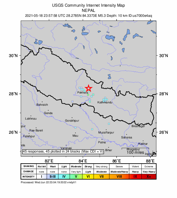 USGS DYFI community-reported intensity map for the M5.3 earthquake near 36 km E of Pokhara, Nepal