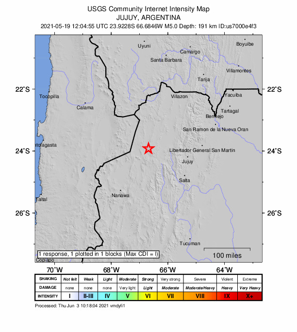 USGS DYFI community-reported intensity map for the M5.0 earthquake near 49 km NW of San Antonio de los Cobres, Argentina