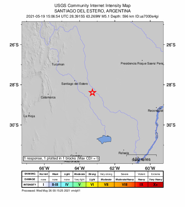 USGS DYFI community-reported intensity map for the M5.1 earthquake near 38 km NW of Colonia Dora, Argentina