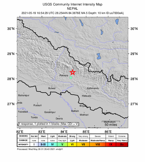 USGS DYFI community-reported intensity map for the M4.5 earthquake near 41 km E of Pokhara, Nepal