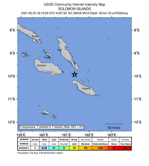 USGS DYFI community-reported intensity map for the M4.8 earthquake near 84 km NW of Kirakira, Solomon Islands
