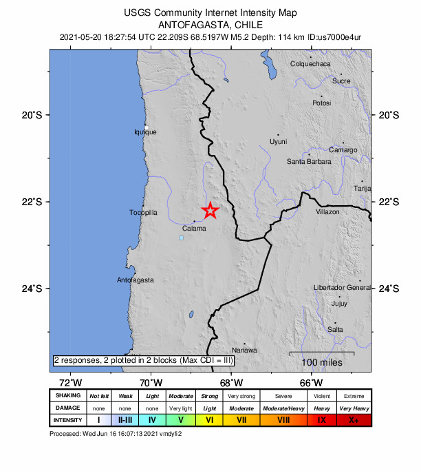USGS DYFI community-reported intensity map for the M5.2 earthquake near 49 km ENE of Calama, Chile