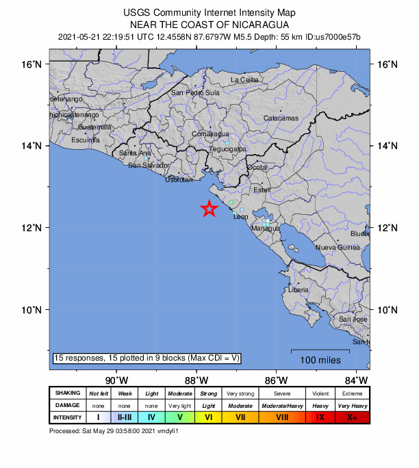 USGS DYFI community-reported intensity map for the M5.6 earthquake near 40 km SW of Jiquilillo, Nicaragua