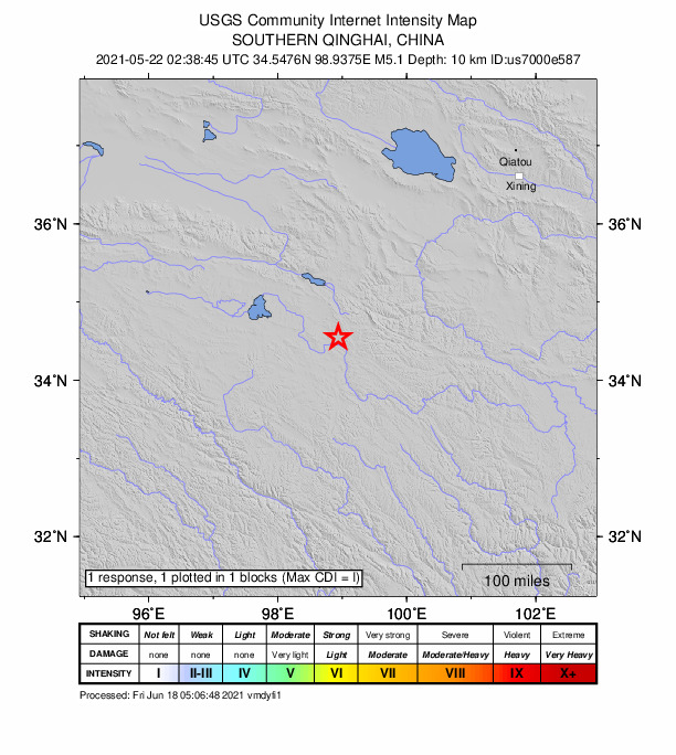 USGS DYFI community-reported intensity map for the M5.1 earthquake near Southern Qinghai, China