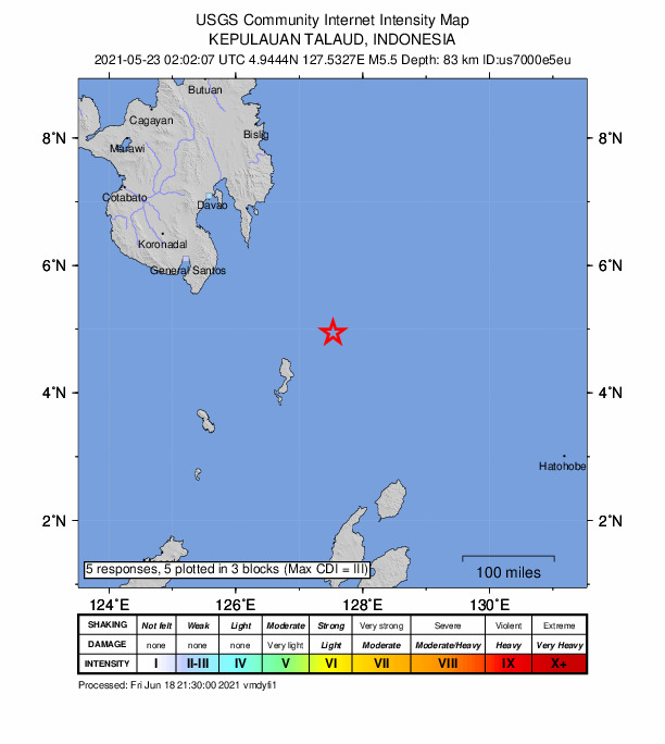 USGS DYFI community-reported intensity map for the M5.5 earthquake near 215 km SE of Pondaguitan, Philippines