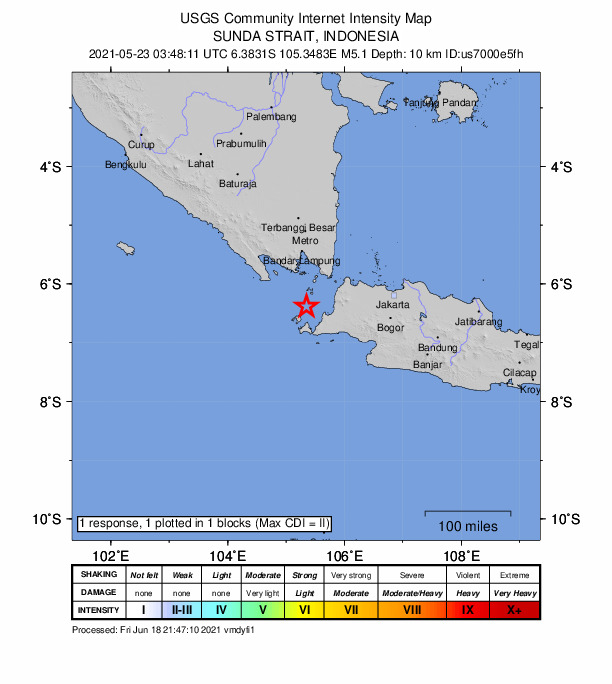 USGS DYFI community-reported intensity map for the M5.1 earthquake near 53 km W of Labuan, Indonesia