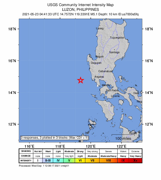 USGS DYFI community-reported intensity map for the M5.1 earthquake near 82 km WSW of San Nicolas, Philippines