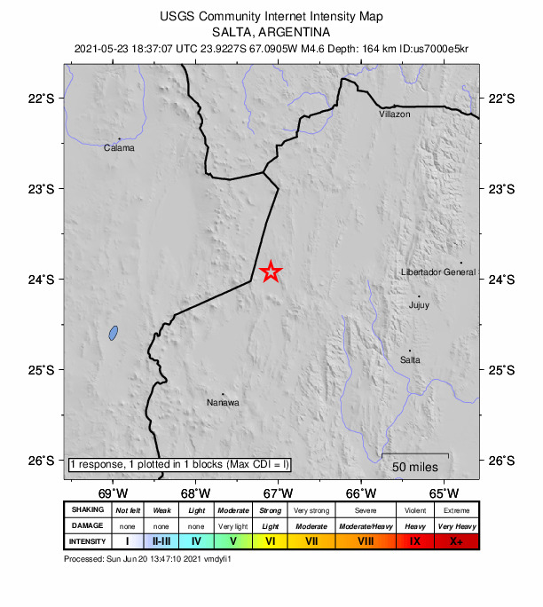 USGS DYFI community-reported intensity map for the M4.6 earthquake near 85 km WNW of San Antonio de los Cobres, Argentina