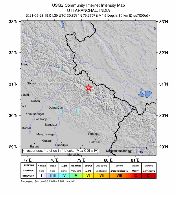 USGS DYFI community-reported intensity map for the M4.5 earthquake near 45 km NW of Josh?math, India