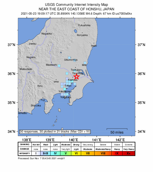 USGS DYFI community-reported intensity map for the M4.6 earthquake near 3 km SSE of Fujishiro, Japan