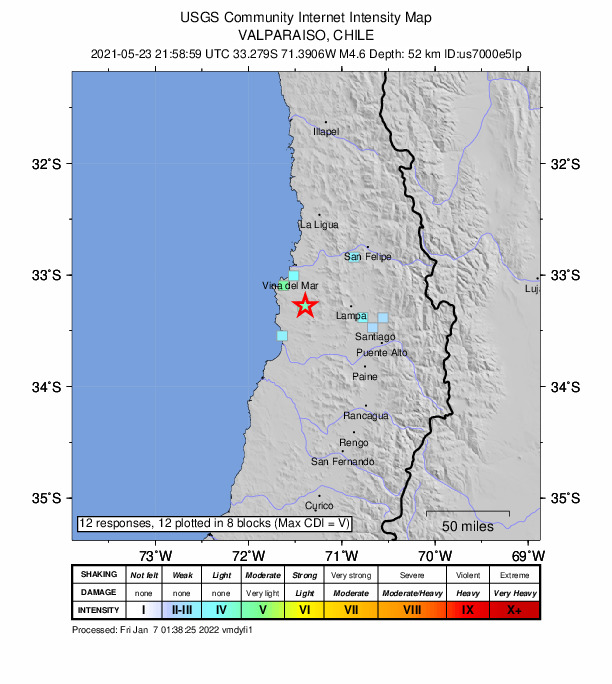 USGS DYFI community-reported intensity map for the M4.6 earthquake near 26 km S of Quilpué, Chile