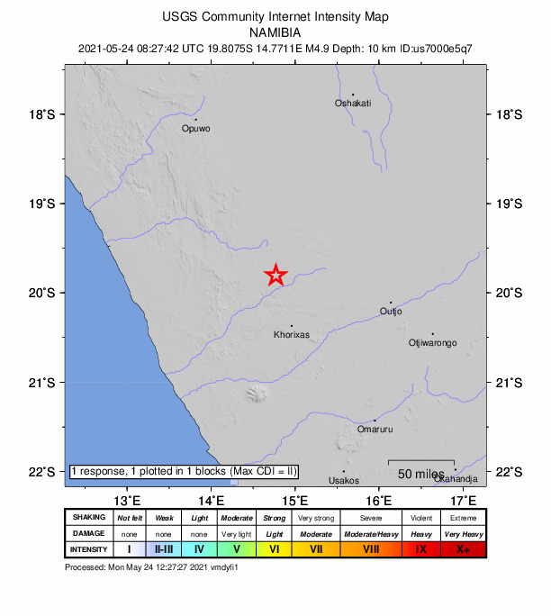 USGS DYFI community-reported intensity map for the M4.9 earthquake near 65 km NNW of Khorixas, Namibia