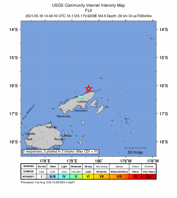 USGS DYFI community-reported intensity map for the M4.9 earthquake near 44 km NE of Labasa, Fiji