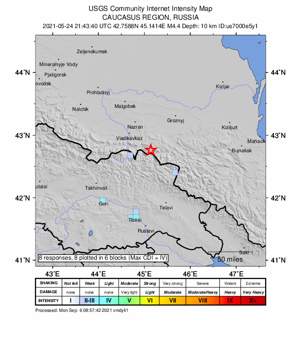 USGS DYFI community-reported intensity map for the M4.4 earthquake near Russia-Georgia border region