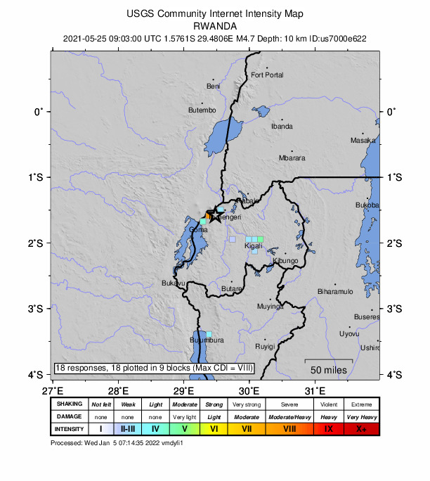 USGS DYFI community-reported intensity map for the M4.7 earthquake near 19 km WSW of Musanze, Rwanda