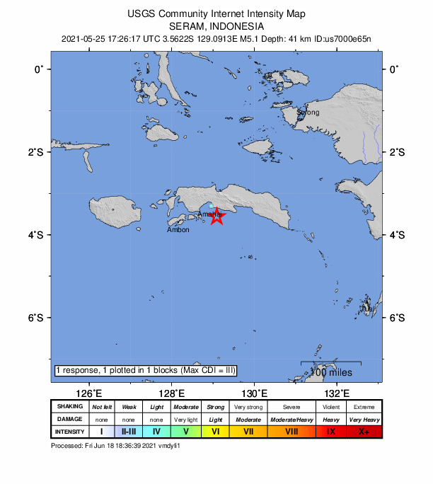 USGS DYFI community-reported intensity map for the M5.1 earthquake near 31 km SE of Amahai, Indonesia