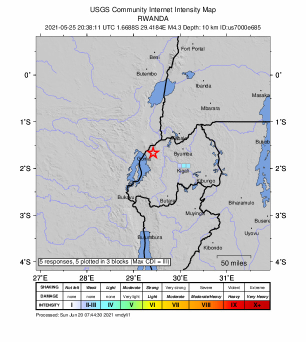 USGS DYFI community-reported intensity map for the M4.3 earthquake near 18 km ENE of Gisenyi, Rwanda