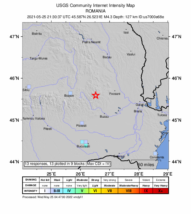 USGS DYFI community-reported intensity map for the M4.3 earthquake near 12 km NNW of Lop?tari, Romania