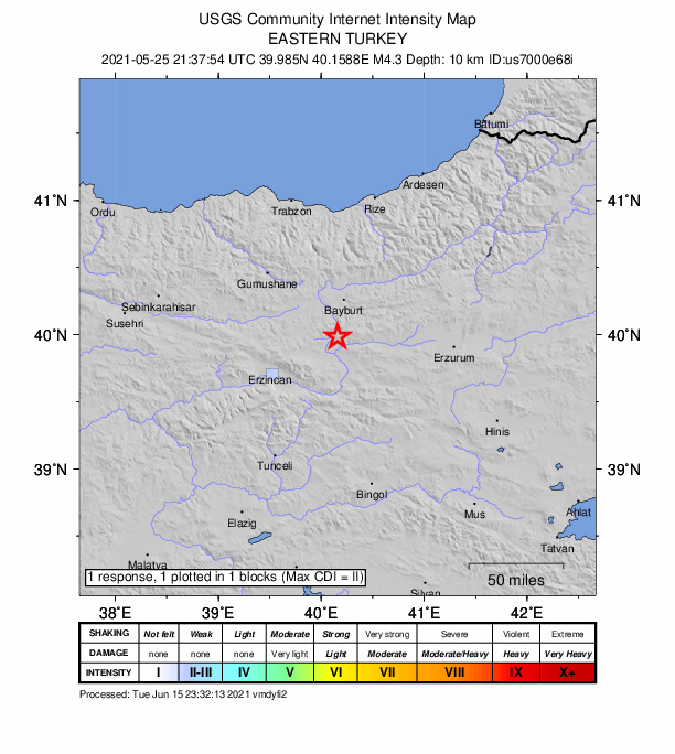USGS DYFI community-reported intensity map for the M4.3 earthquake near 12 km E of Otlukbeli, Turkey