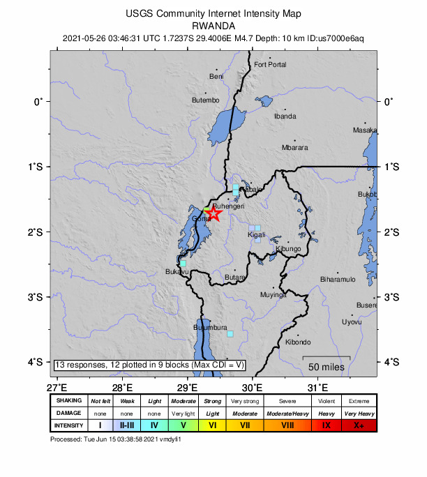 USGS DYFI community-reported intensity map for the M4.7 earthquake near 16 km E of Gisenyi, Rwanda