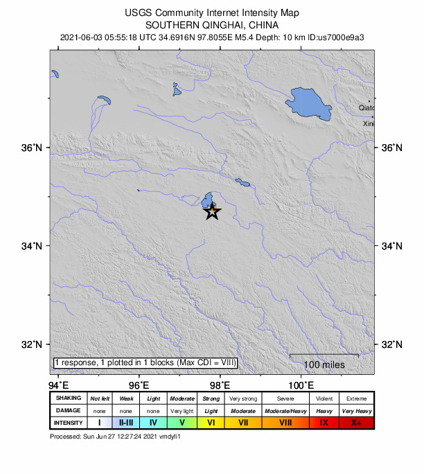 USGS DYFI community-reported intensity map for the M5.0 earthquake near Southern Qinghai, China