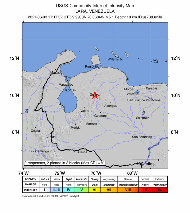 USGS DYFI community-reported intensity map for the M5.1 earthquake near 19 km S of Carora, Venezuela