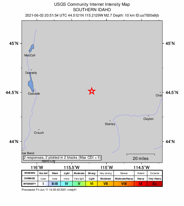 USGS DYFI community-reported intensity map for the M2.7 earthquake near 39 km NNW of Stanley, Idaho