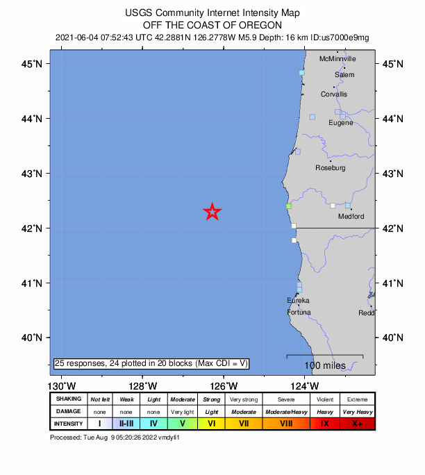 USGS DYFI community-reported intensity map for the M5.9 earthquake near 153 km W of Gold Beach, Oregon